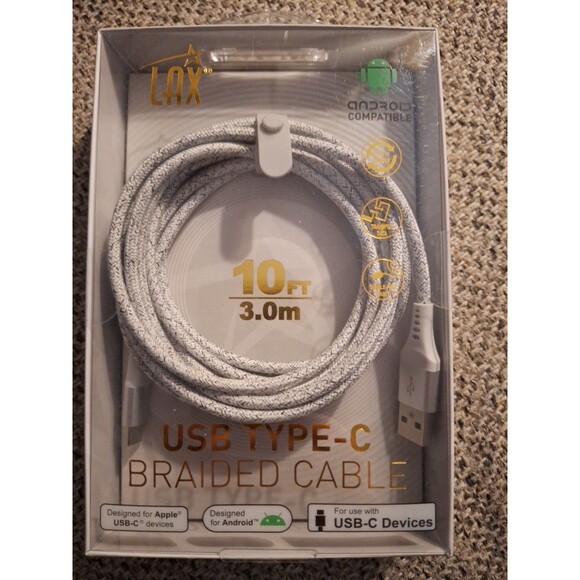 NEW‎ LAX 10ft USB Type-C Braided Charge/Sync Cable - Picture 1 of 11